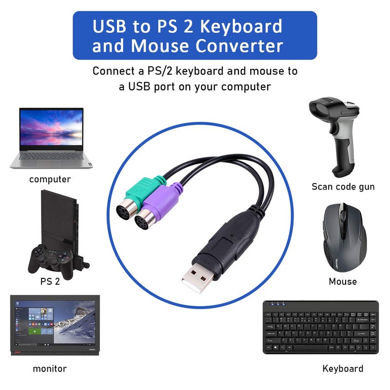UCEC PS/2 to USB Adapter Converter for PS2 Keyboard Mouse, USB to Dual PS/2 Cables Computers Accessories (Black) - Image 2